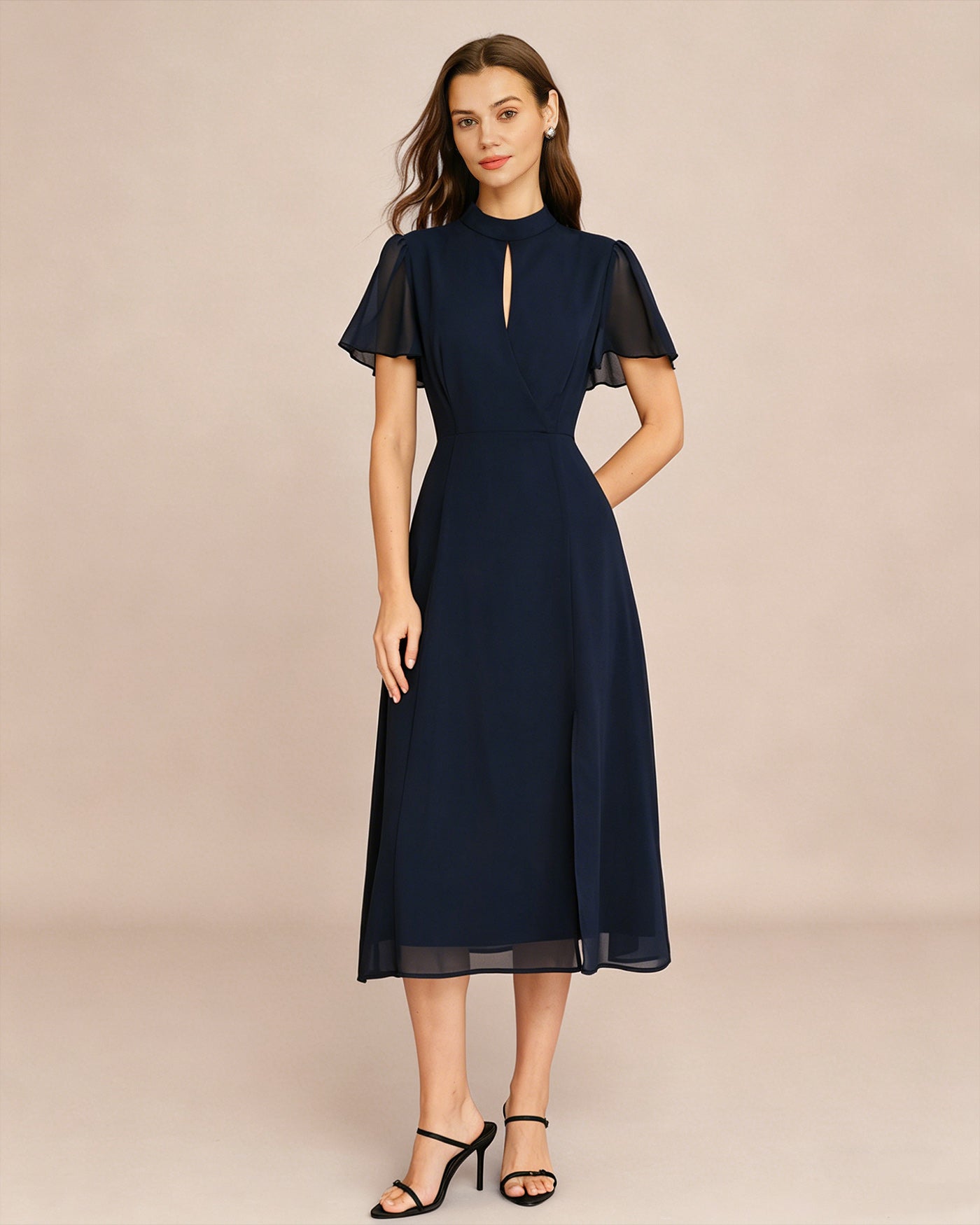 Blue Turtle Print Midi Dress with Butterfly Sleeves