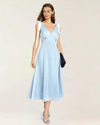 Blue Satin Midi Dress with V-Neck and Cut-Out Detail