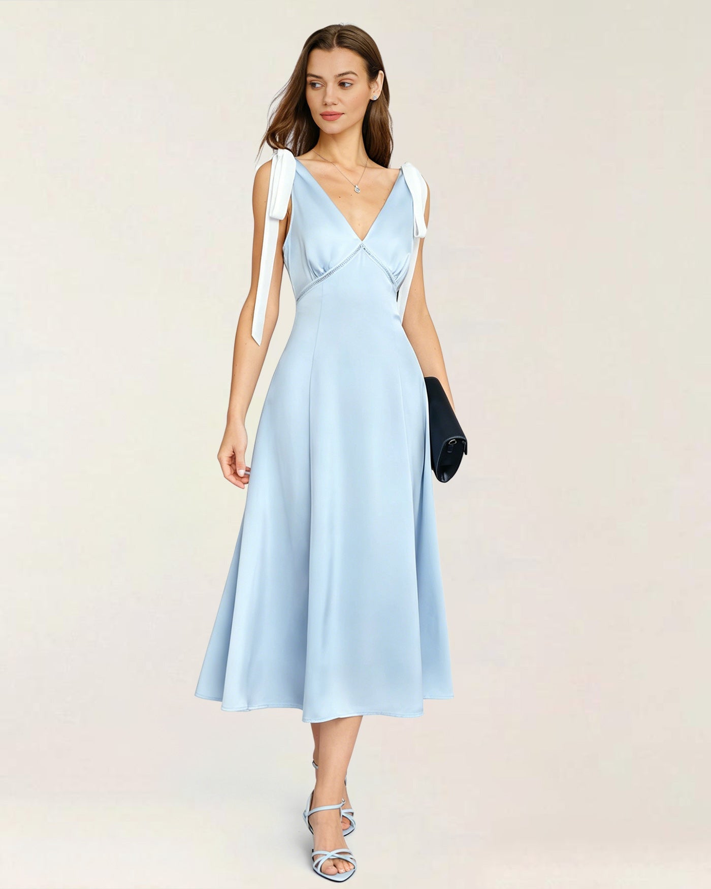 Blue Satin Midi Dress with V-Neck and Cut-Out Detail