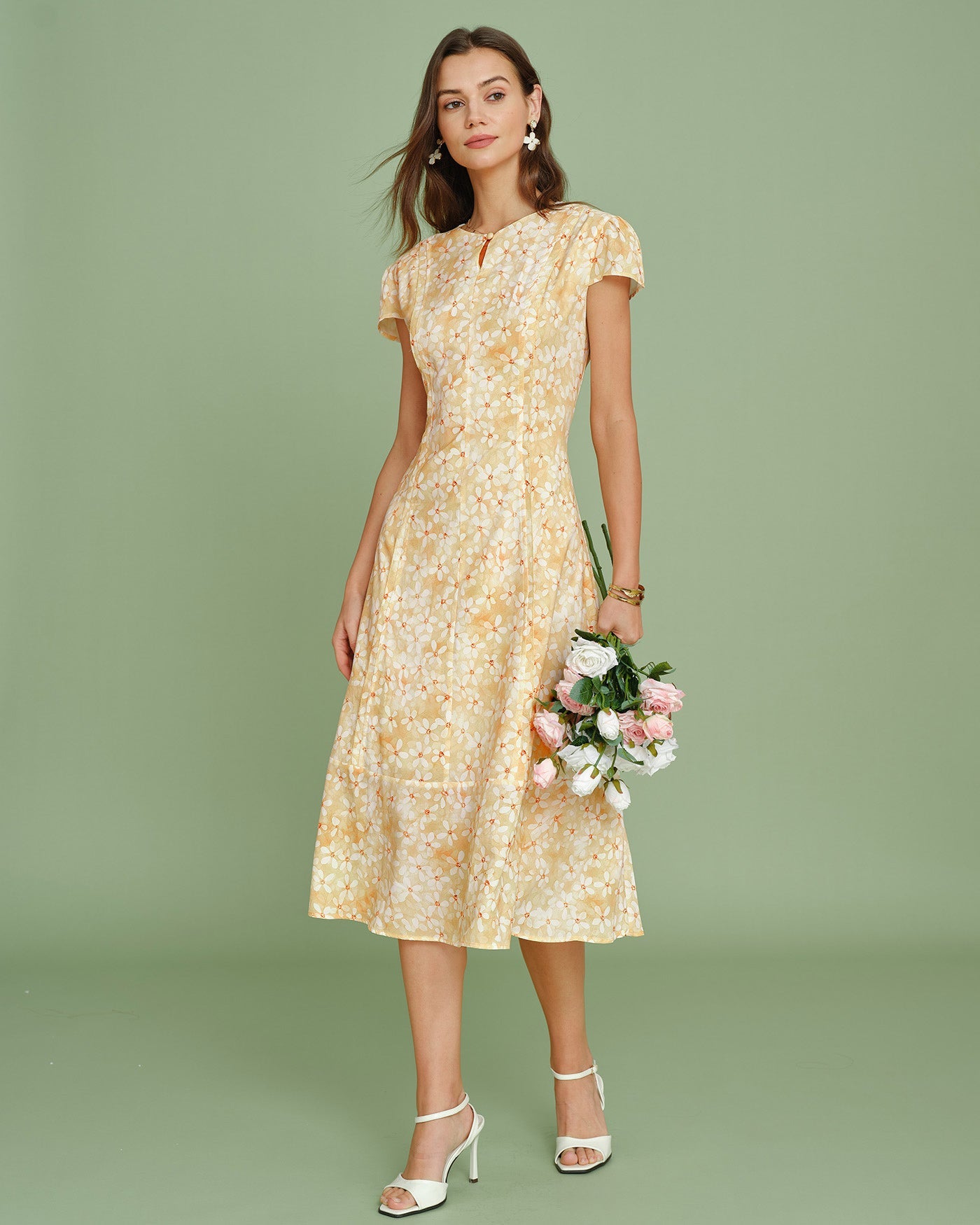 Floral Midi Dress with Yellow Cap Sleeves