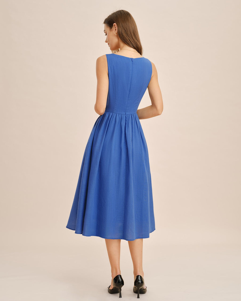 Blue Midi Dress with Square Neck and Pocket Details