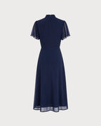 Blue Turtle Print Midi Dress with Butterfly Sleeves