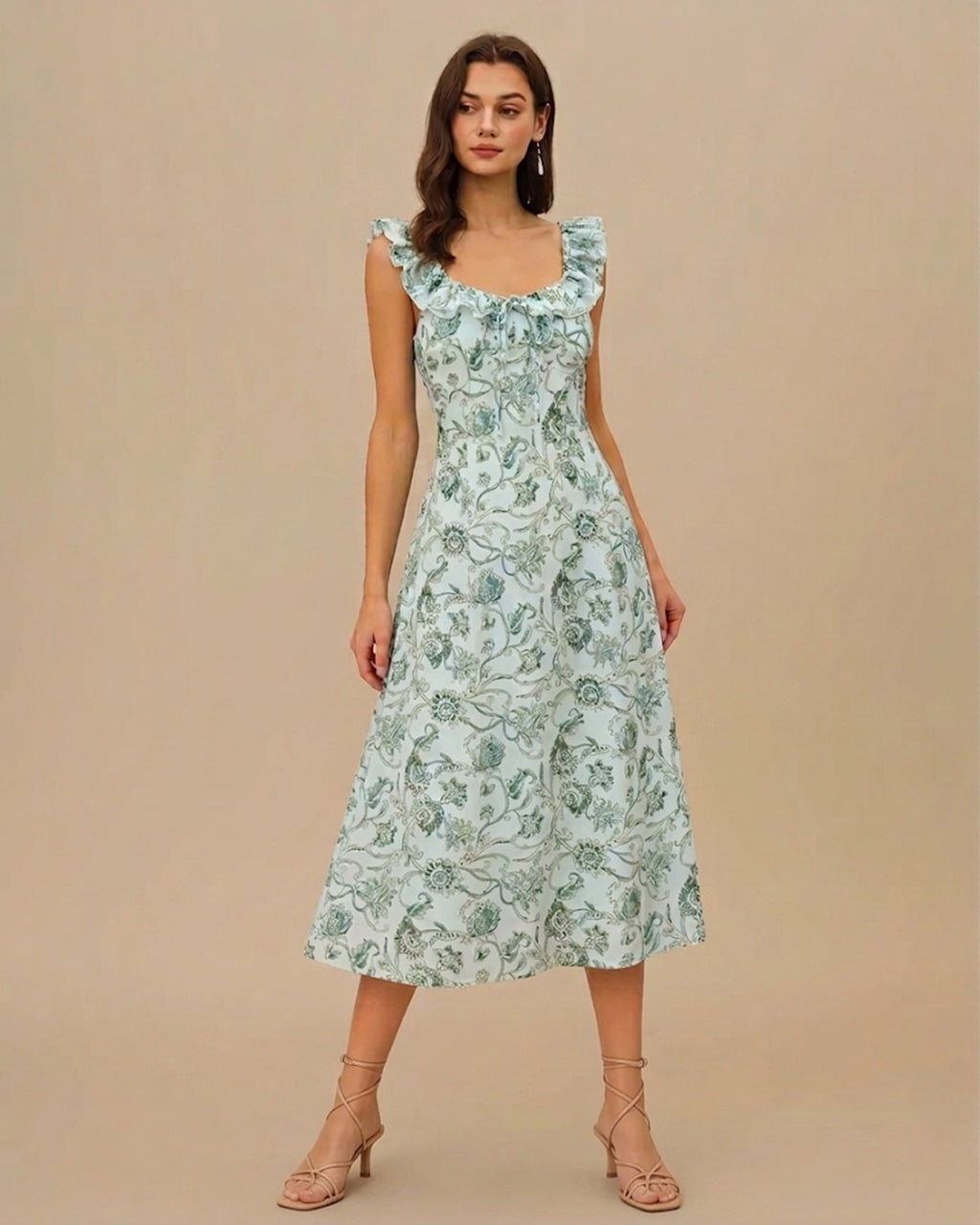 Floral Green Ruched Midi Dress with Square Neck