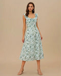 Floral Green Ruched Midi Dress with Square Neck