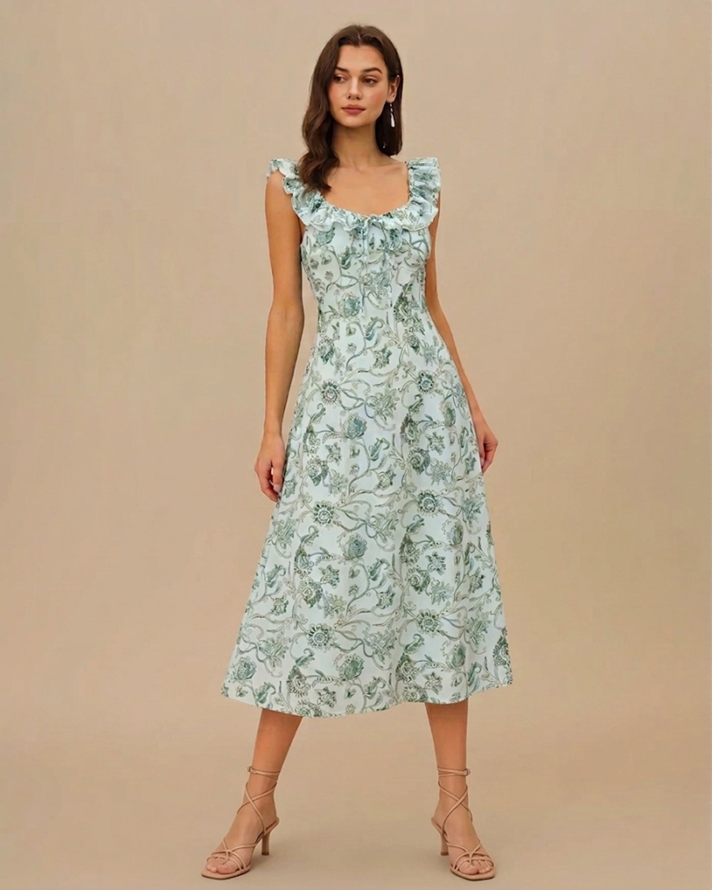 Floral Green Ruched Midi Dress with Square Neck