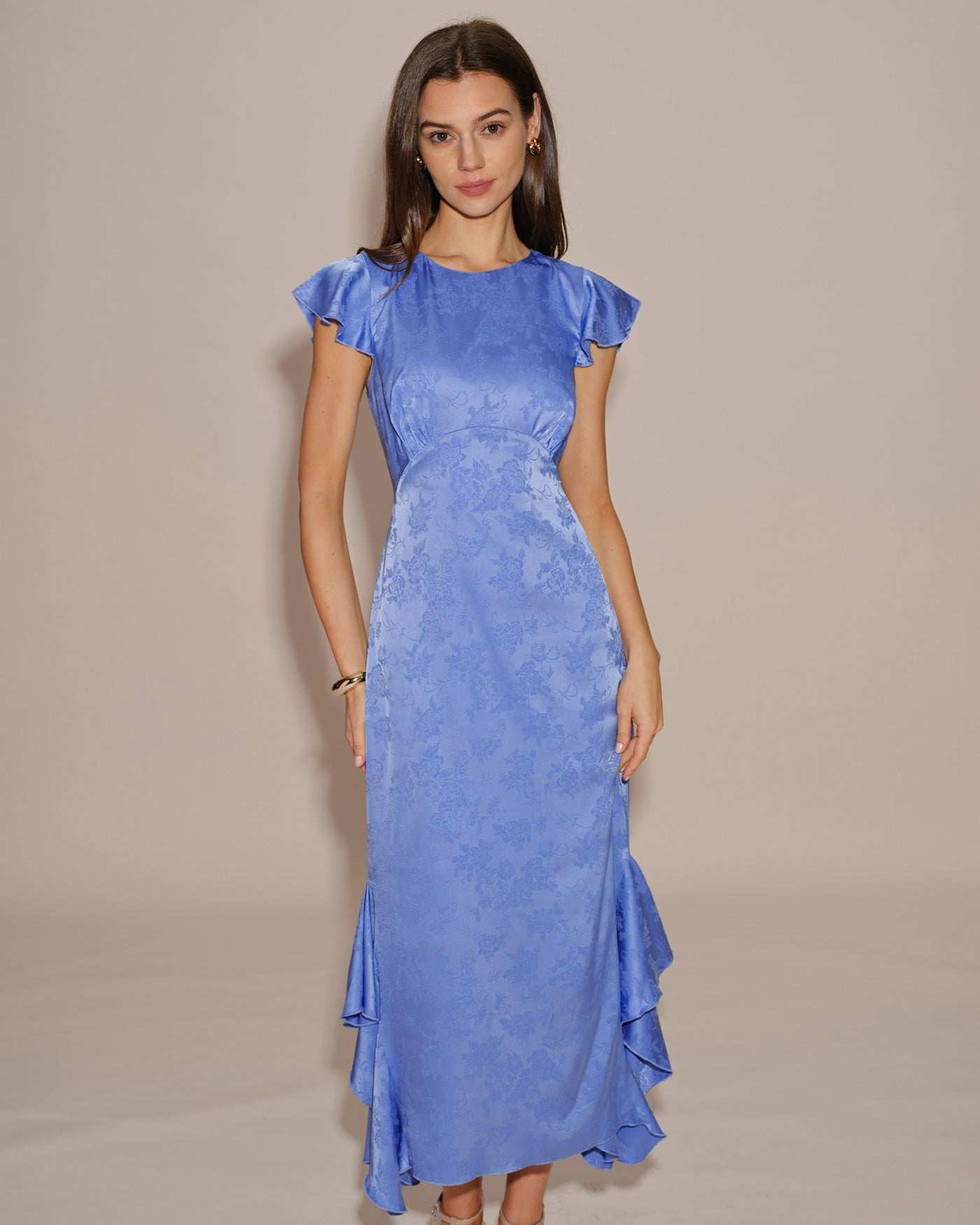 Blue Jacquard Ruffle Midi Dress with Boat Neck