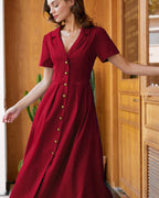 Red Pleated Midi Dress with A-Line Silhouette and Button Details