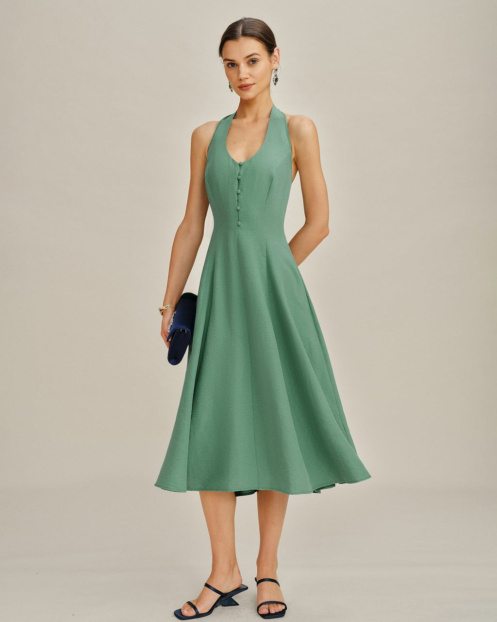 Green Midi Dress with Halter Neck and Button Pockets