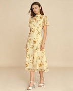 Floral Midi Dress with Yellow Turtle Butterfly Sleeves