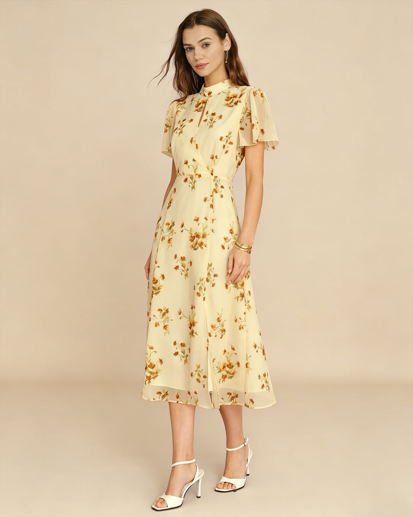 Floral Midi Dress with Yellow Turtle Butterfly Sleeves