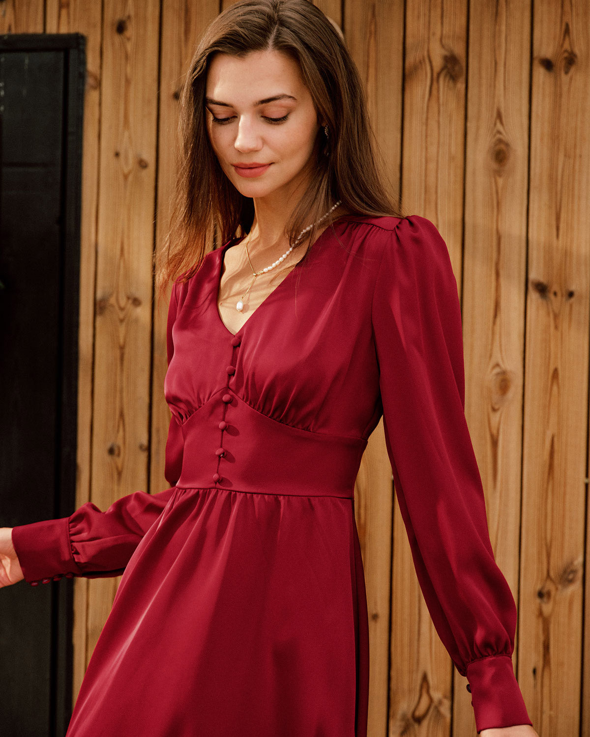 V-Neck Midi Dress in Wine Red Satin