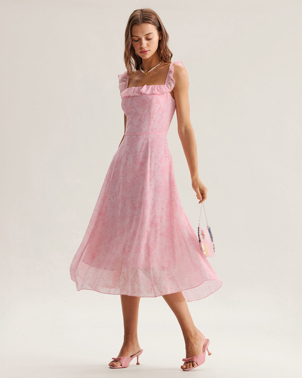 Pink Ruffled Midi Dress with Square Neckline