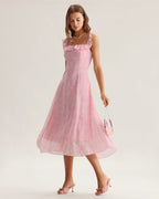 Pink Ruffled Midi Dress with Square Neckline