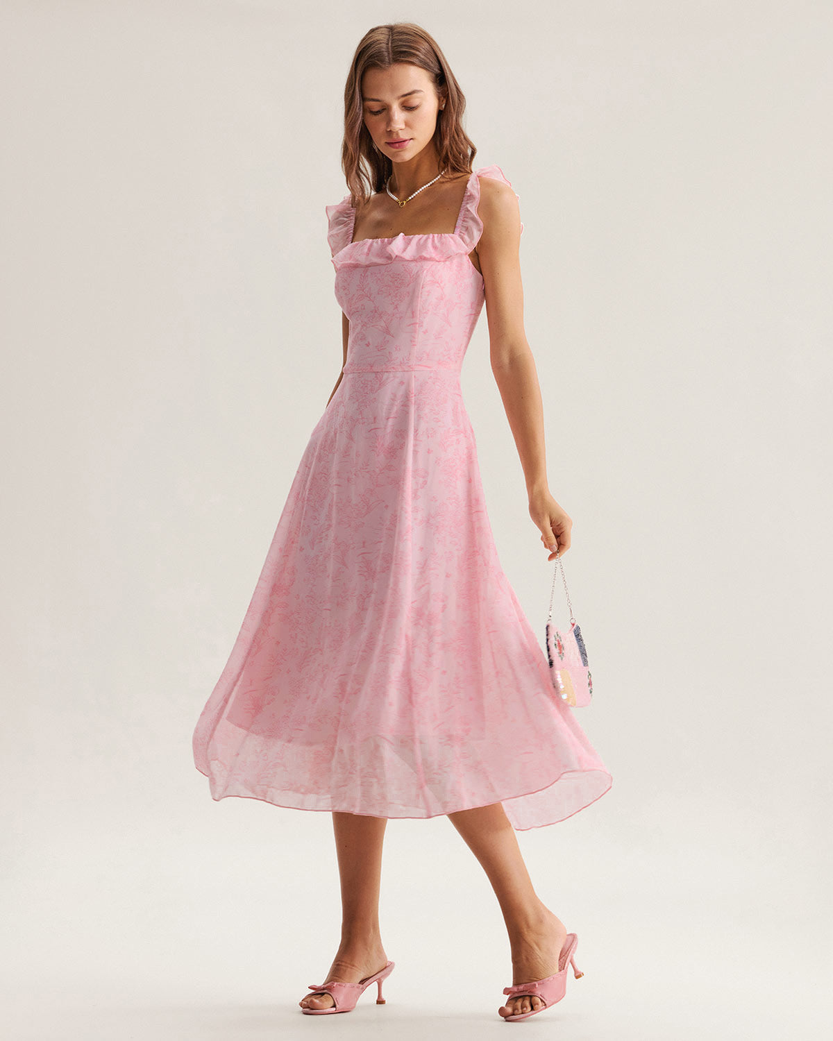 Pink Ruffled Midi Dress with Square Neckline