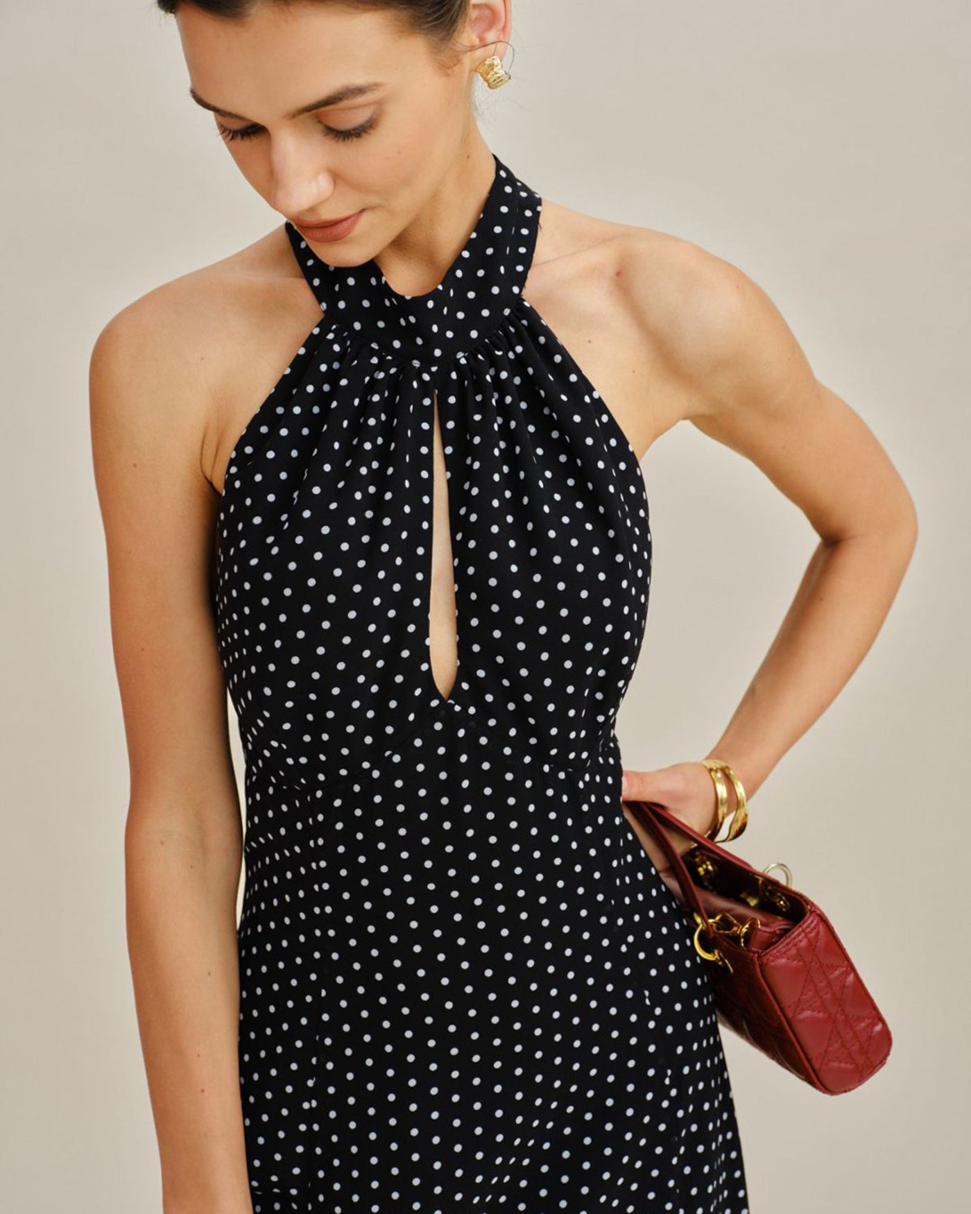 Polka Dot Halter Midi Dress in Black