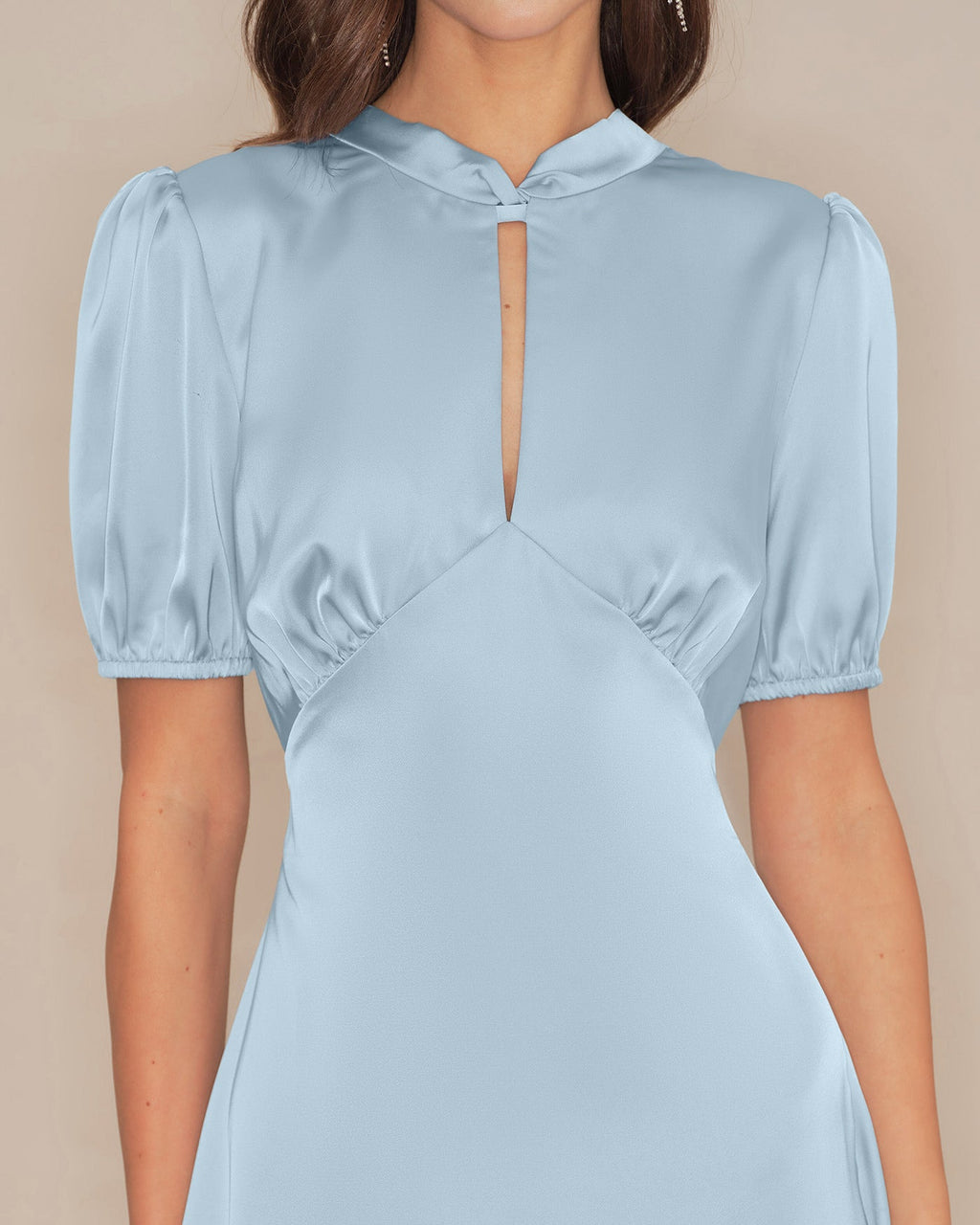 Backless Satin Midi Dress with Blue Puffed Sleeves