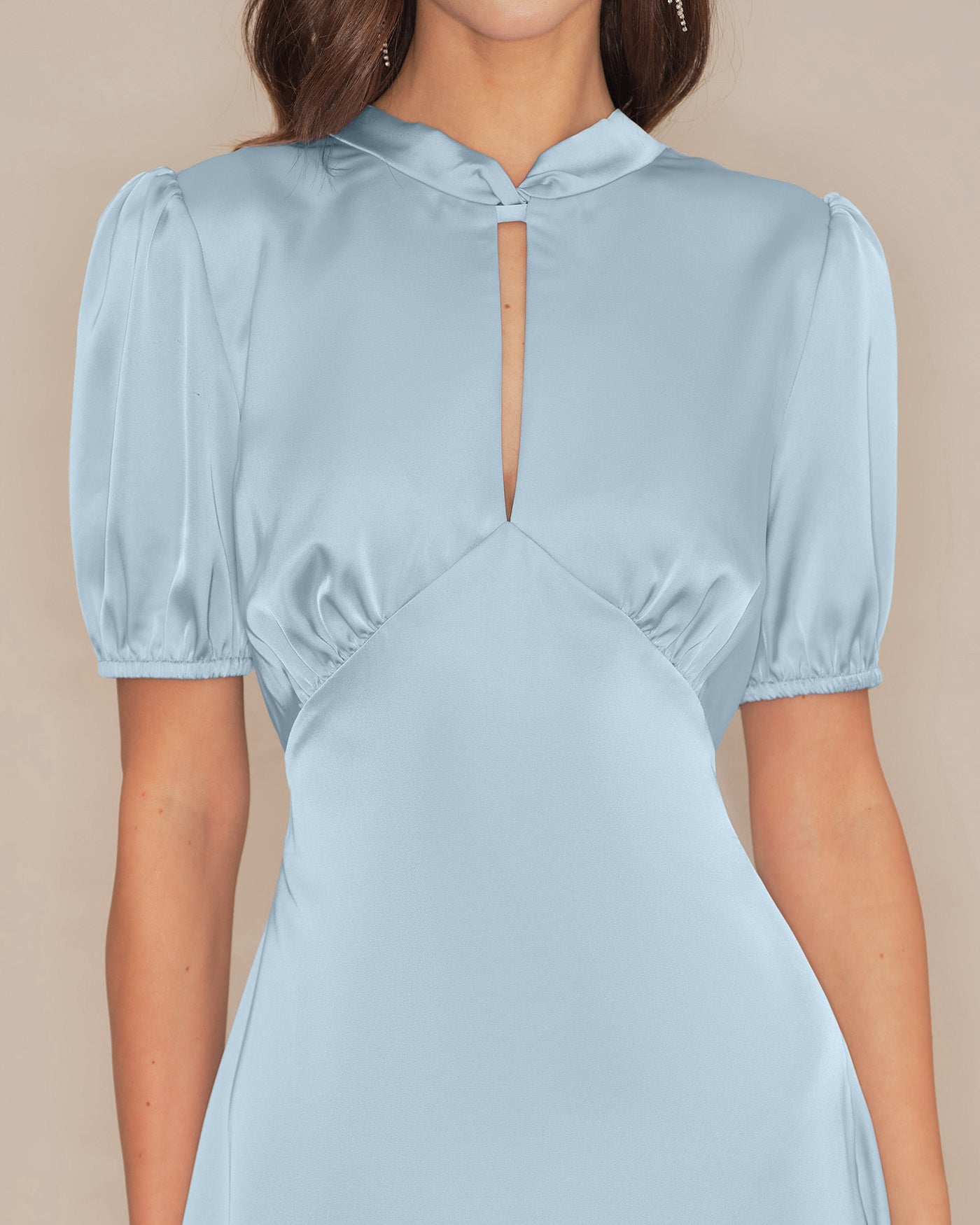 Backless Satin Midi Dress with Blue Puffed Sleeves
