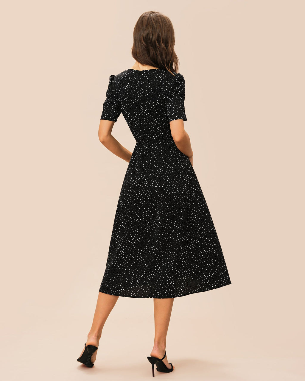 Polka Dot Midi Dress with Black V-Neck