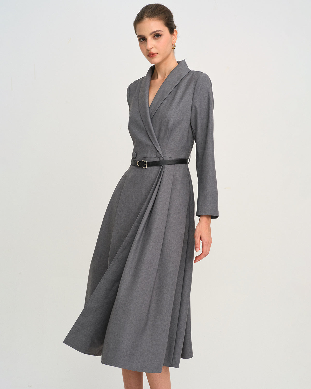 Charcoal A-Line Midi Dress with Button Detail