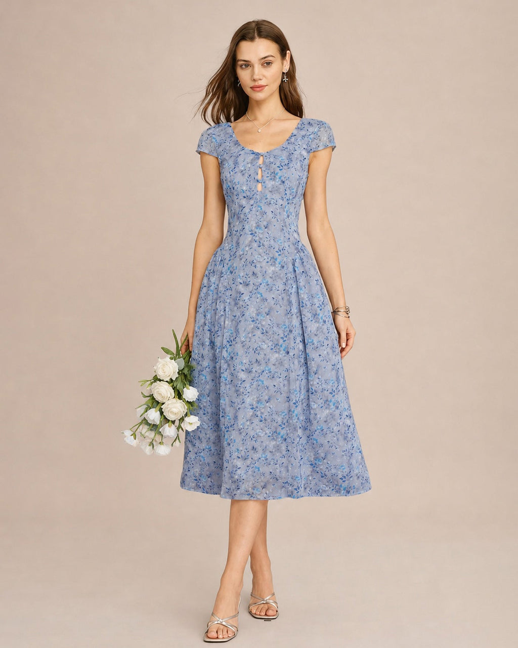 Floral Midi Dress with U Neck and Button Detail in Blue