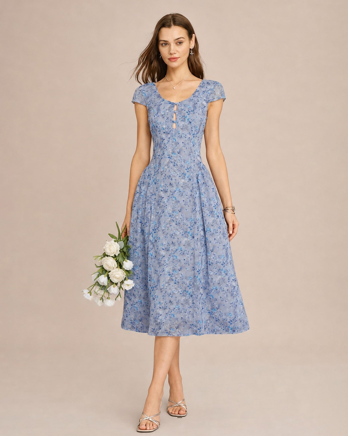 Floral Midi Dress with U Neck and Button Detail in Blue