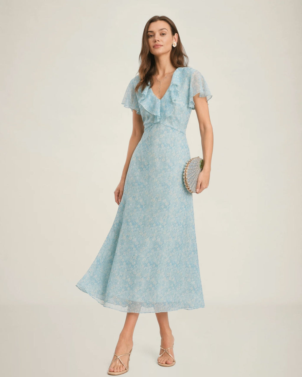 Floral Ruffle Midi Dress in Blue with V-Neck