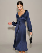 Navy Satin V-Neck Ruched Midi Dress