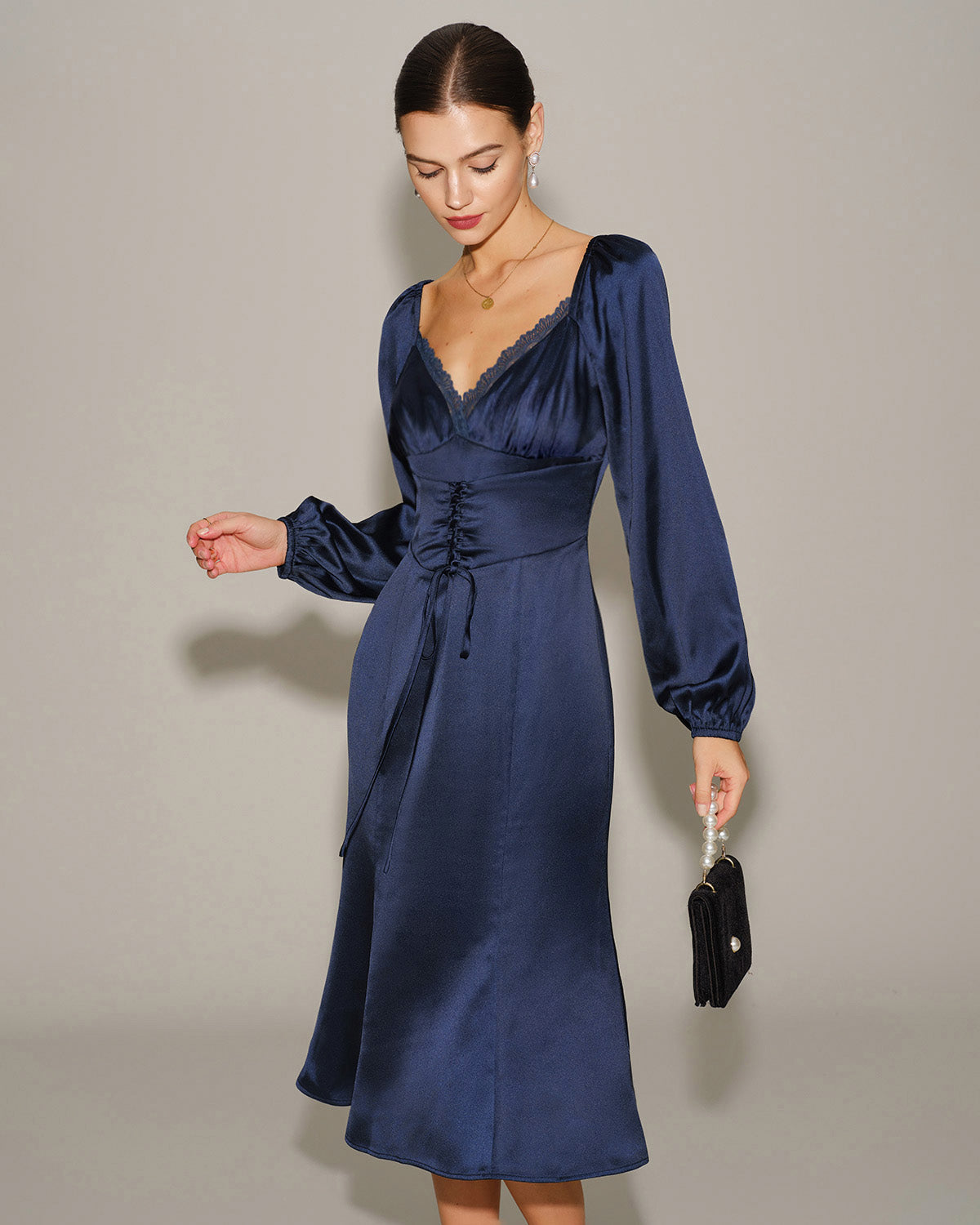Navy Satin V-Neck Ruched Midi Dress