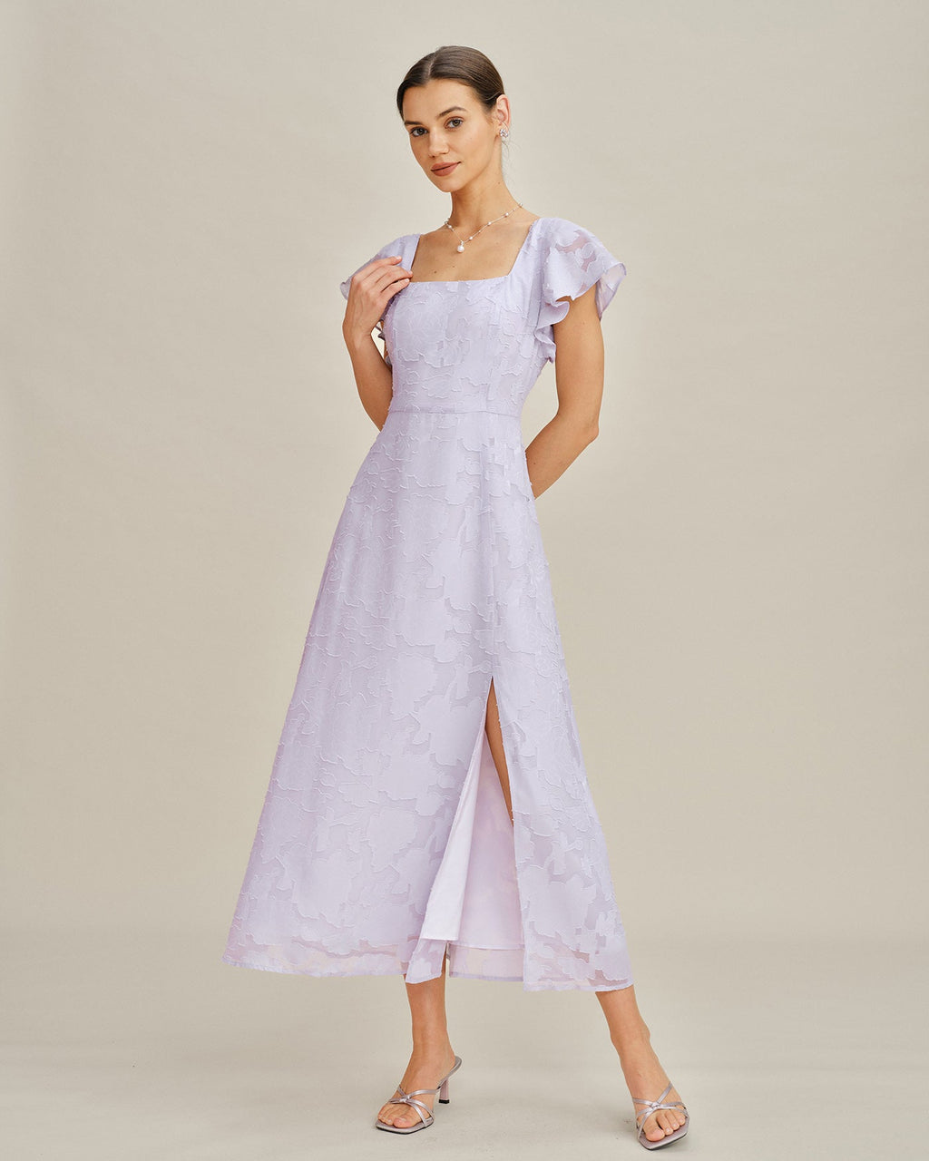 Jacquard Midi Dress with Purple Square Neck