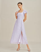 Jacquard Midi Dress with Purple Square Neck