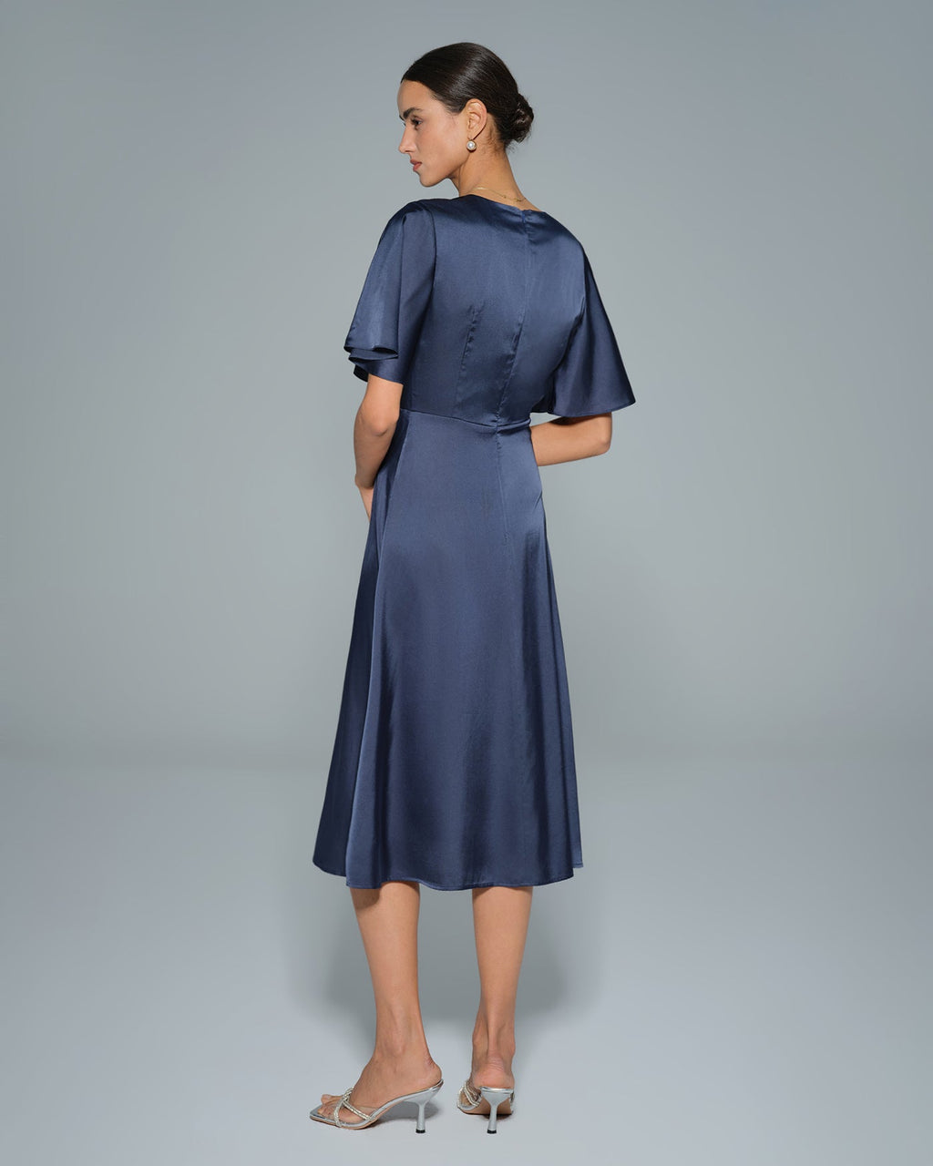 Navy Satin Midi Dress with V-Neck