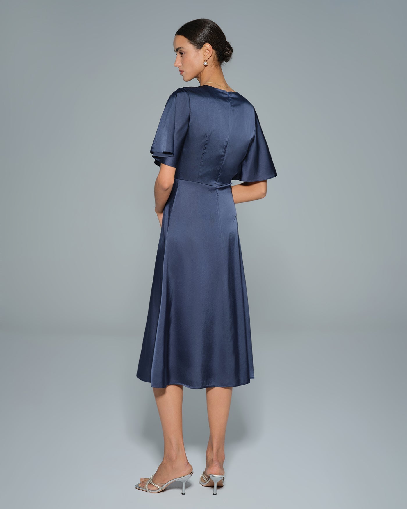 Navy Satin Midi Dress with V-Neck