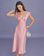 Pink Satin Midi Dress with V-Neck Lace Detail