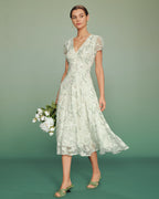Floral Midi Dress with Green Puffed Sleeves