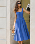 Blue Midi Dress with Square Neck and Pocket Details