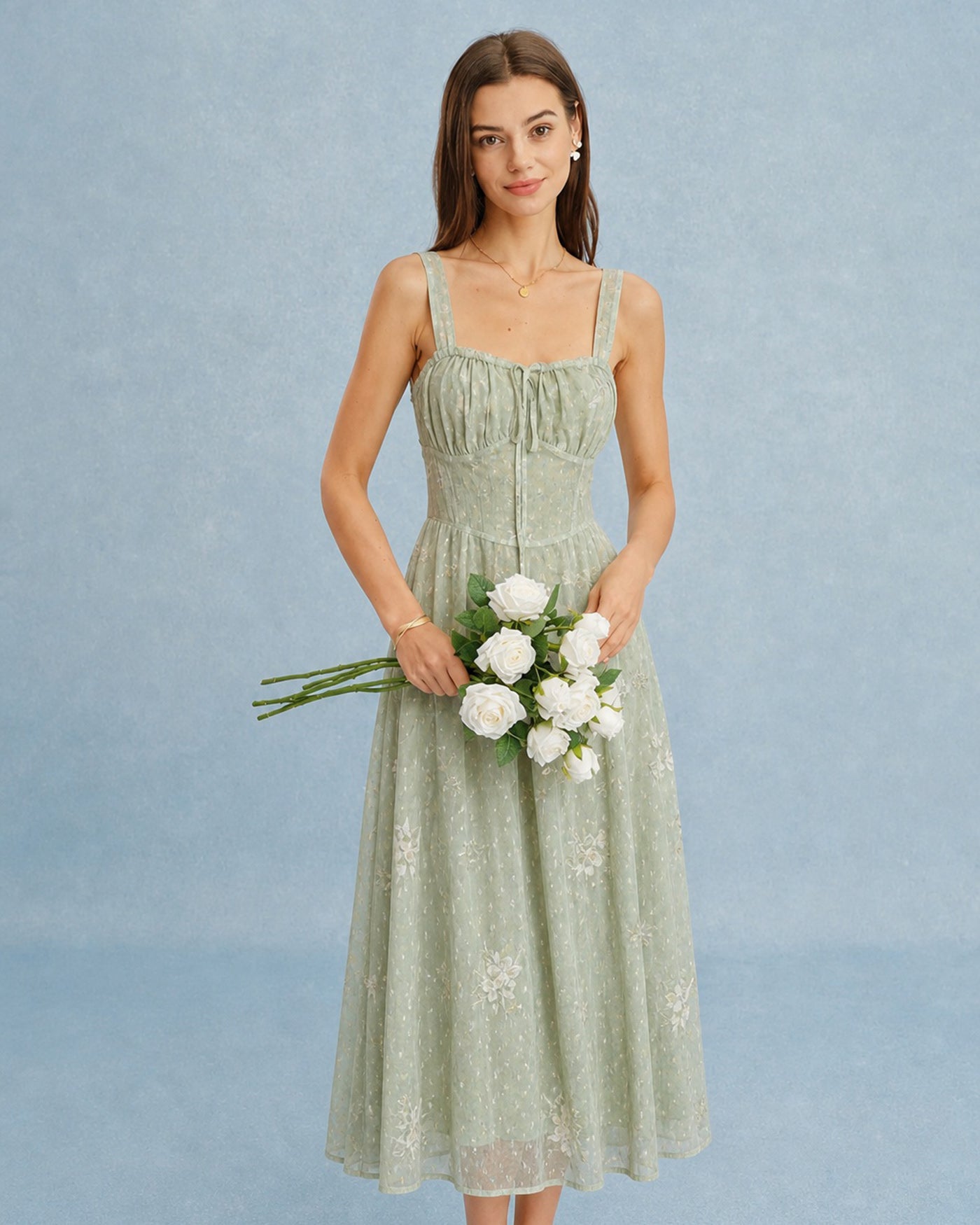 Green Jacquard A-Line Midi Dress with Slip Design