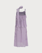 Ruffled Midi Dress with Purple Floral Print