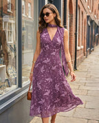Floral Chiffon Midi Dress in Purple with V-Neck