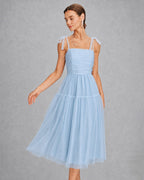 Blue Mesh Midi Dress with Square Neckline
