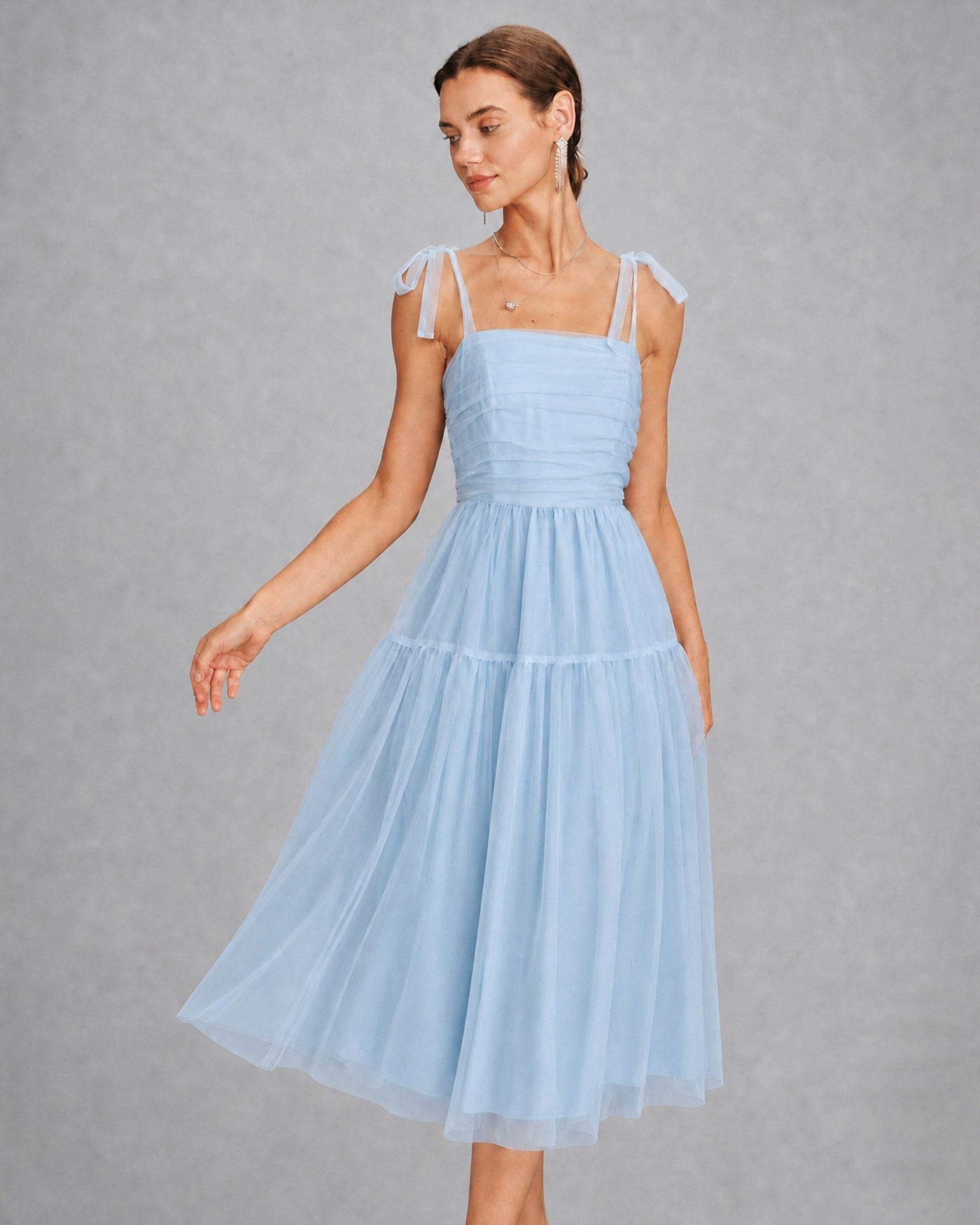 Blue Mesh Midi Dress with Square Neckline