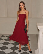 Crimson A-Line Corset Midi Dress