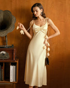 Yellow Floral Satin Midi Slip Dress