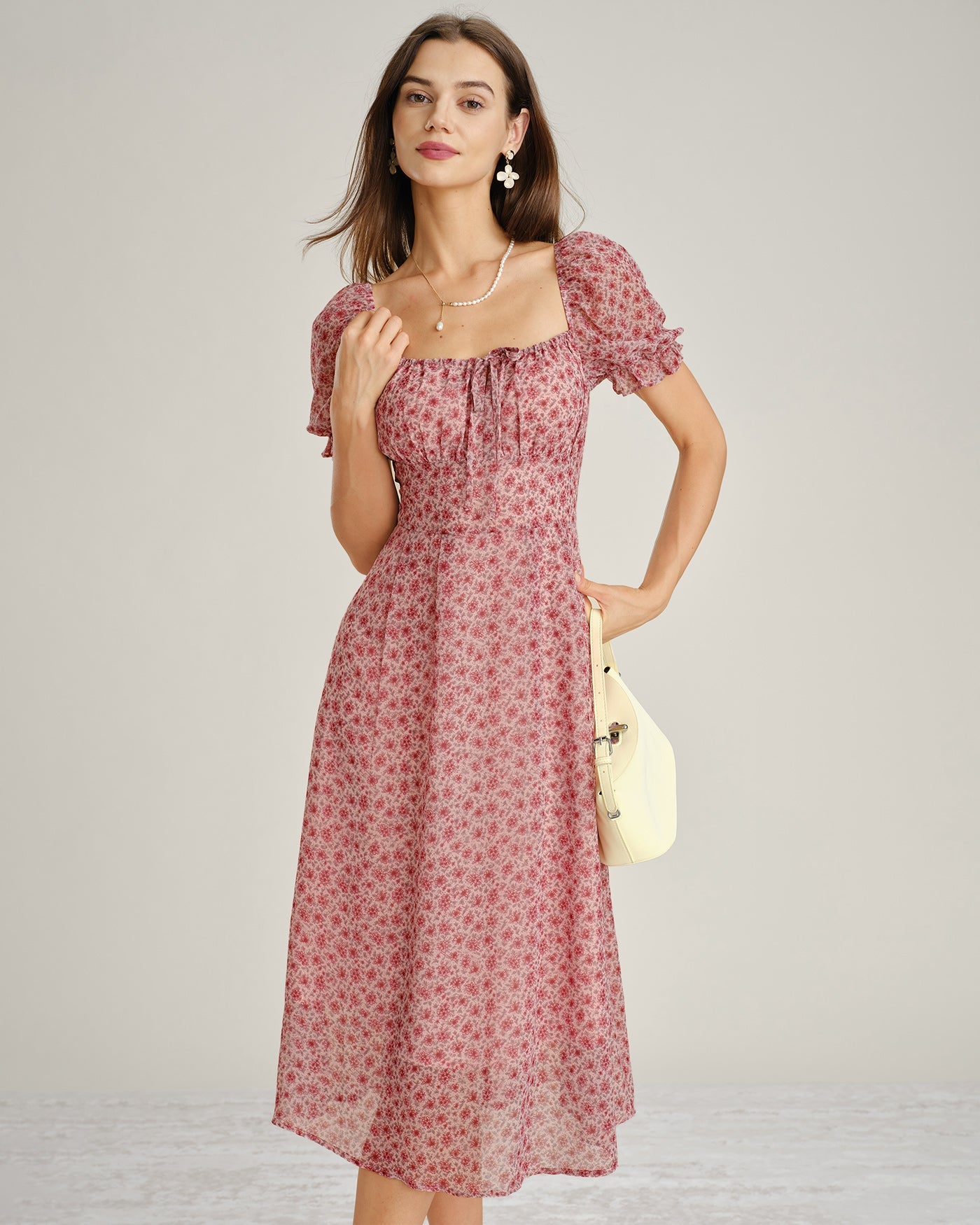 Floral Chiffon Midi Dress with Pink Square Neck