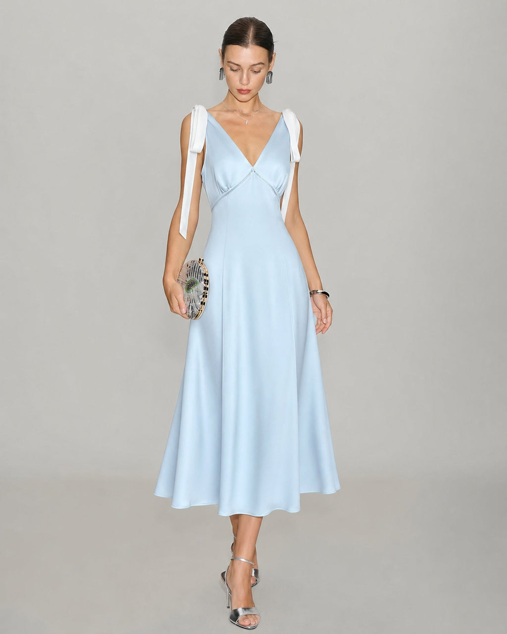 Blue Satin Midi Dress with V-Neck and Cut-Out Detail