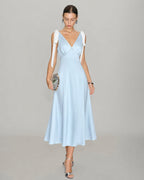 Blue Satin Midi Dress with V-Neck and Cut-Out Detail