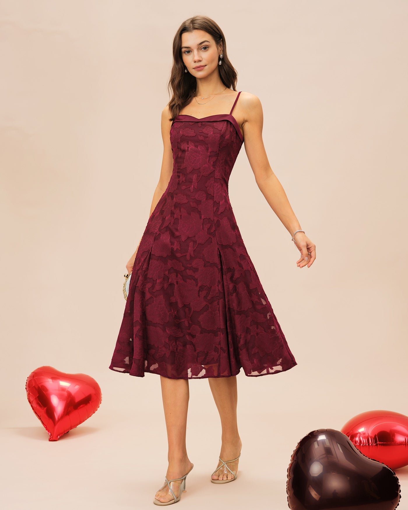 Wine Red Sweetheart Neck Jacquard Midi Slip Dress