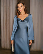 Blue A-Line Midi Dress with Cowl Neck