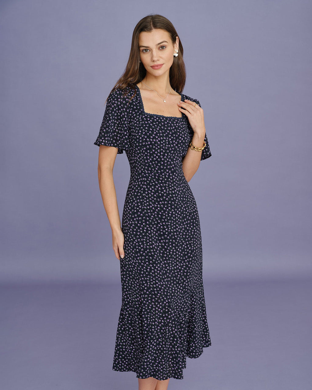 Floral Butterfly Sleeve Midi Dress in Purple