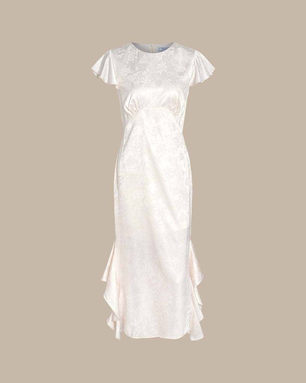 Beige Jacquard Ruffle Midi Dress with Boat Neck