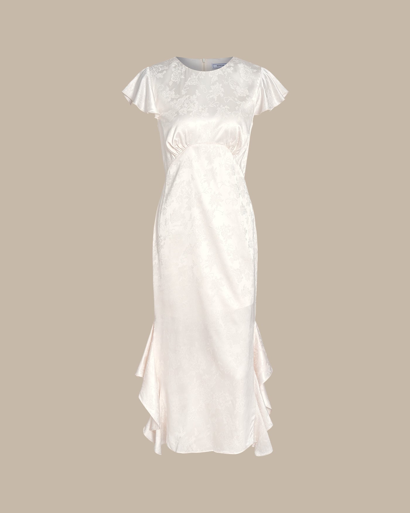 Beige Jacquard Ruffle Midi Dress with Boat Neck